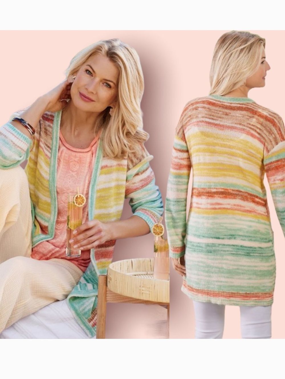 Soft Surroundings Juniper Sweater Striped Pastel Open-Front Cardigan Cotton XS